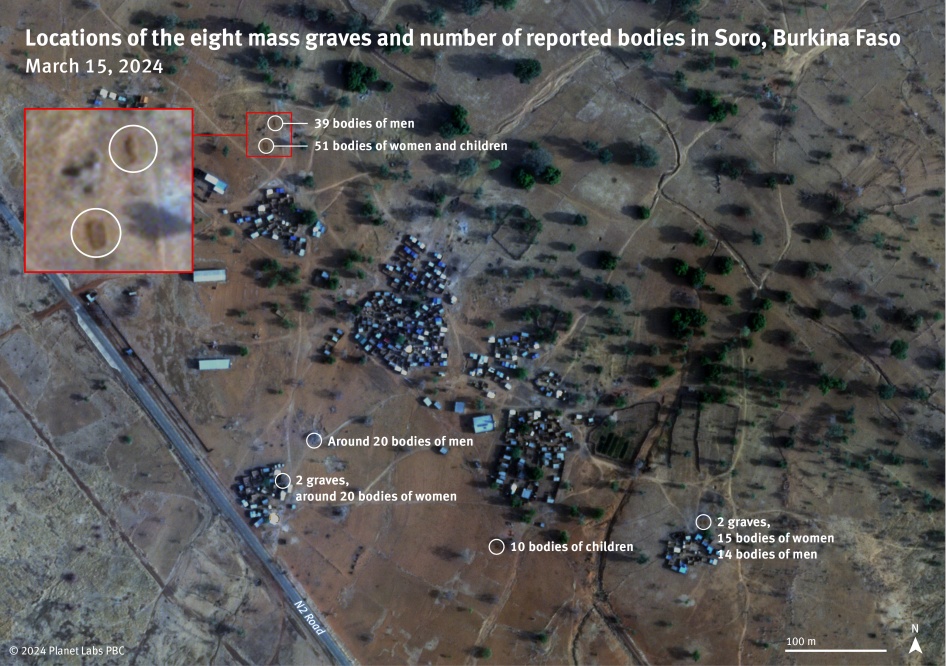 Reported number of bodies and location of the eight mass graves visible on a video shared with Human Rights Watch. Six of the mass graves are clearly visible on satellite imagery of March 15, 2024. Two others are hidden by the shadows of buildings. Image