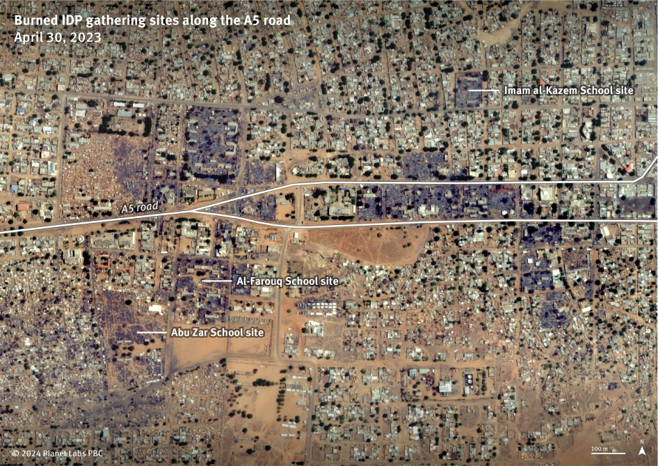 Satellite imagery recorded on April 30 showing the burning of IDP gathering sites along the A5 road in the center of El Geneina, West Darfur, Sudan.